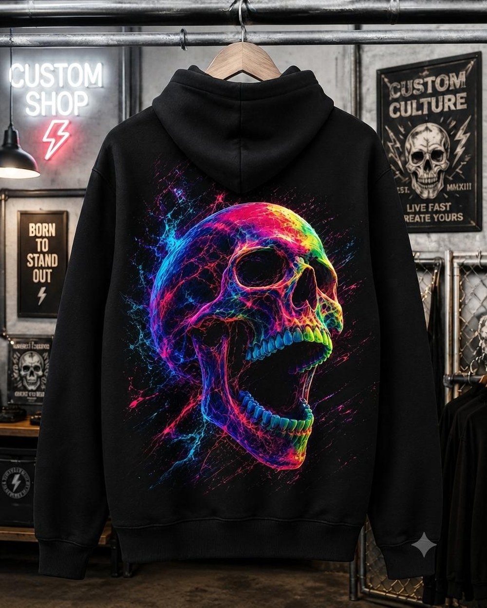 Moletom com capuz caveira neon